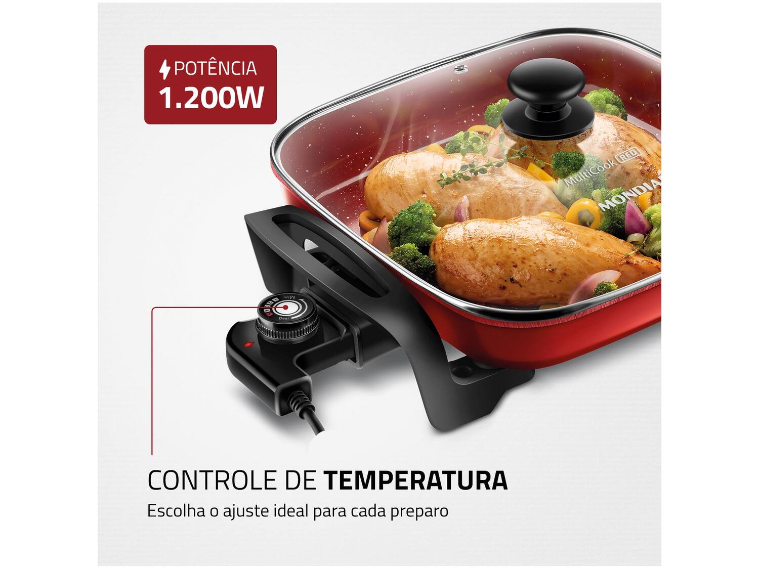Panela Elétrica Multifuncional Quadrada Mondial Multicook Red 1200W 4L