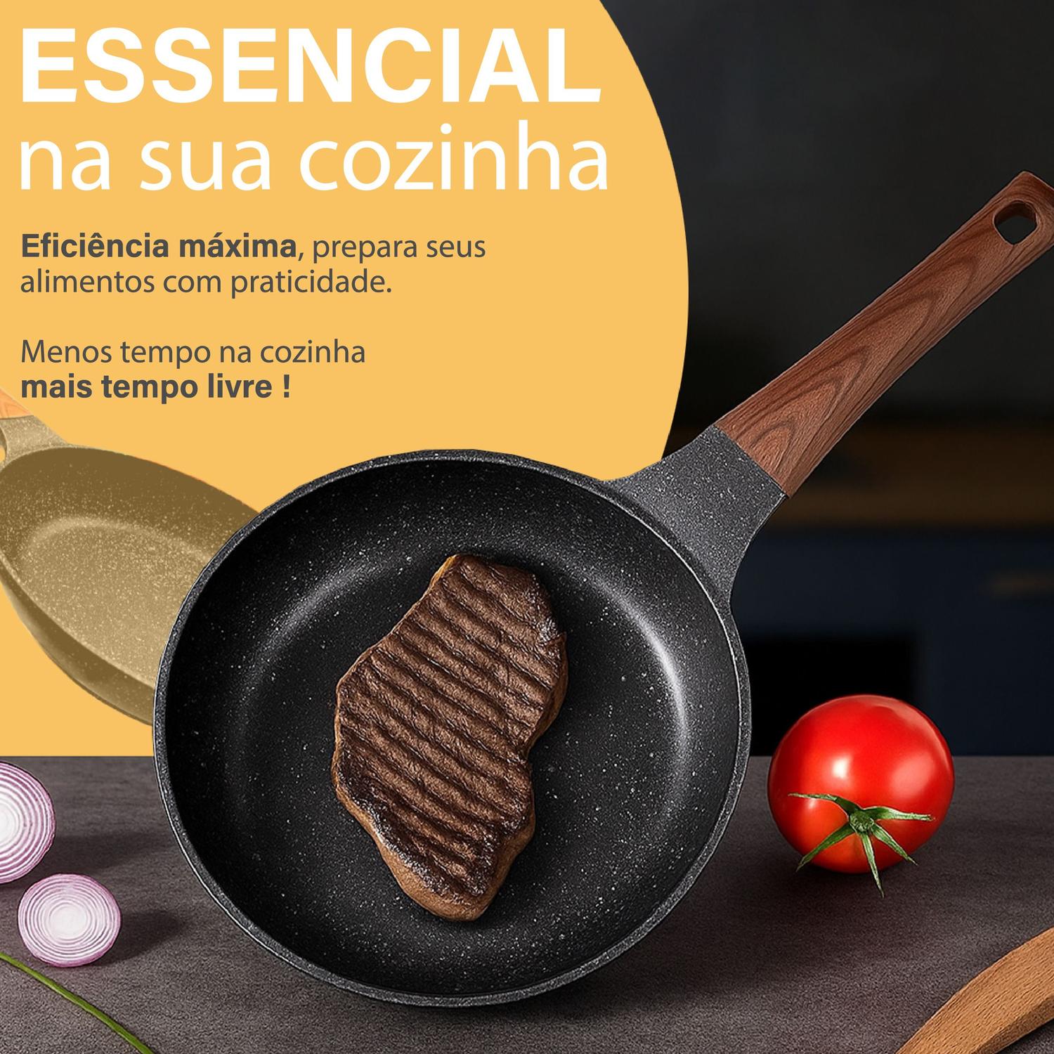 Frigideira HYLLIs com um bife grelhado ao centro, exibindo a eficiência no preparo de carnes