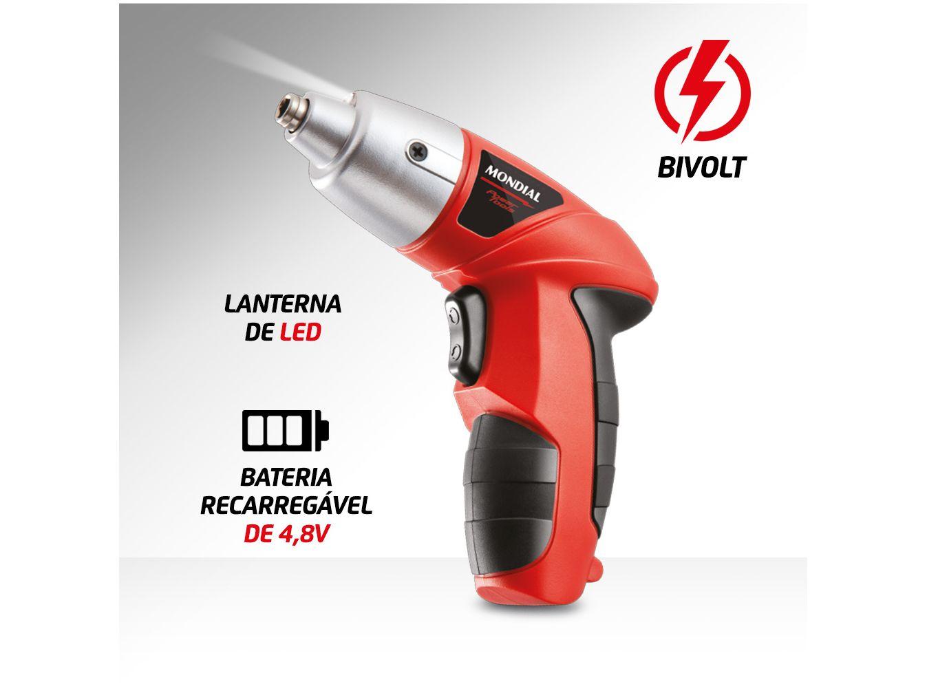 Parafusadeira Mondial a Bateria 4,8V 1,4" Reversível com Maleta 47 Peças Power Tools FPF-05M