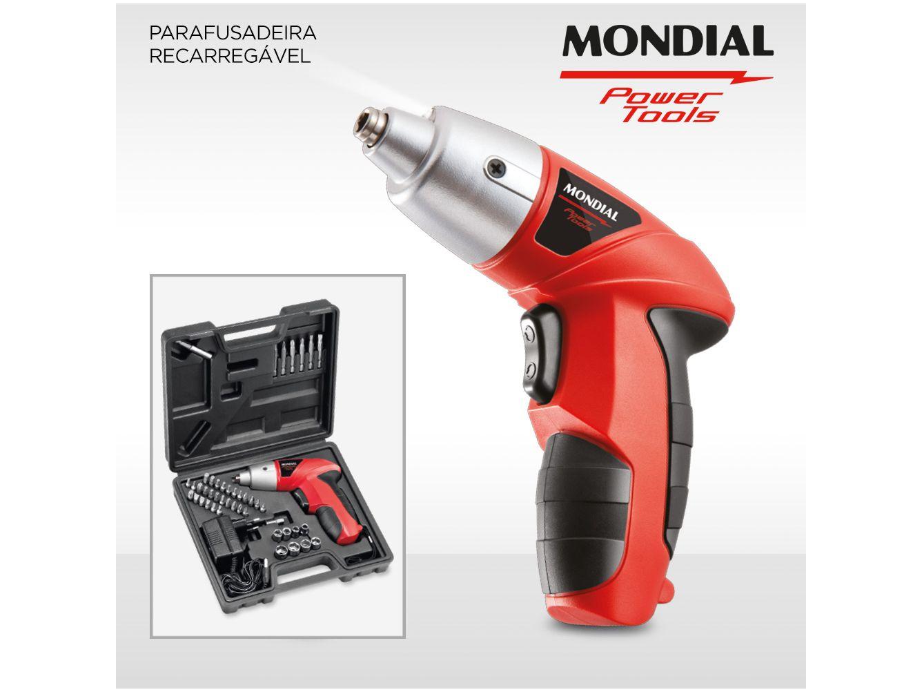 Parafusadeira Mondial a Bateria 4,8V 1,4" Reversível com Maleta 47 Peças Power Tools FPF-05M