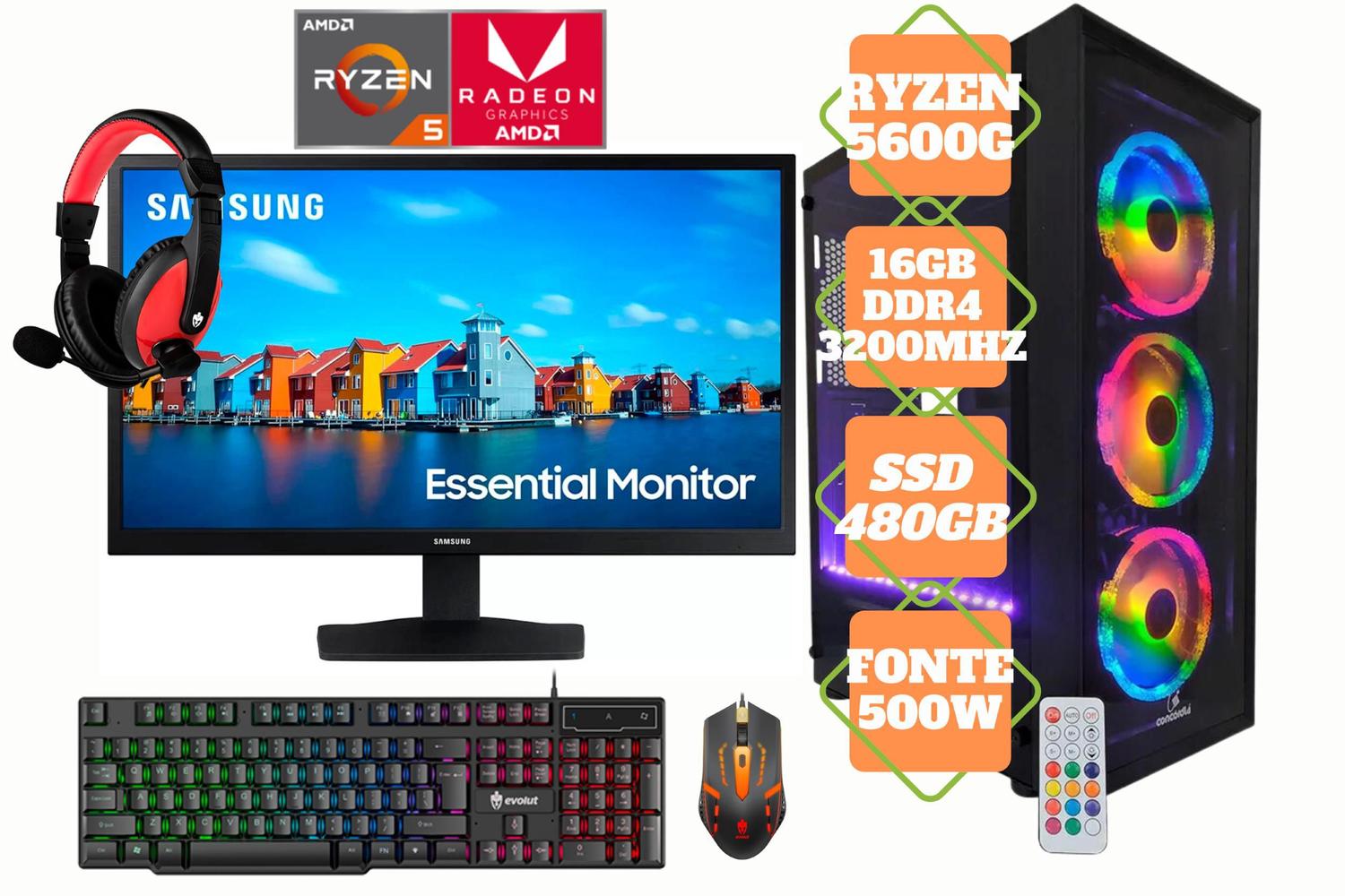 Pc Gamer Ryzen 5 5600g, 16gb, Ssd 480gb, Monitor, Kit Gamer 