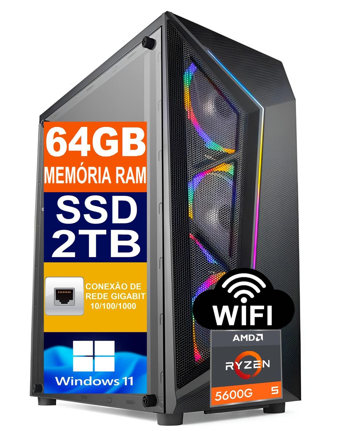 Pc Gamer Cpu Ryzen 5 5600g / Ssd 2tb / 64gb Memória Ram