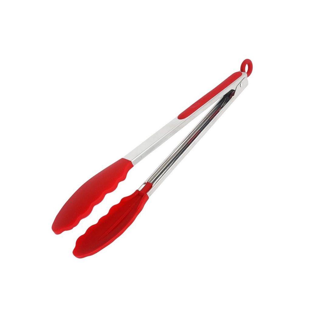 Pegador Universal Silicone com Corpo em Aço Inox 25 CM Carne Churrasco  Salada Cozinha Pinça Vermelho