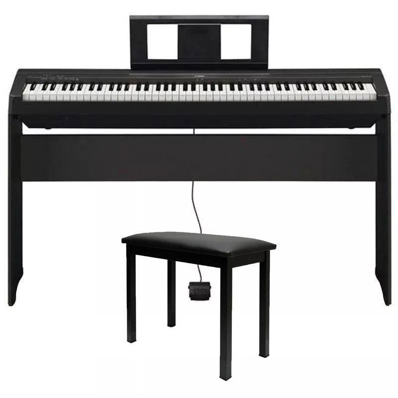 Piano Digital Yamaha P45 Preto com Fonte + Estante + Banco Piano
