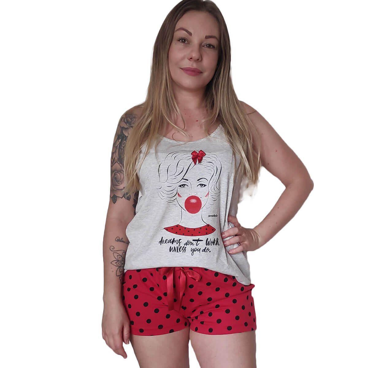 Pijama Feminino Básico em Algodão - Manga Curta com Shorts Moletom