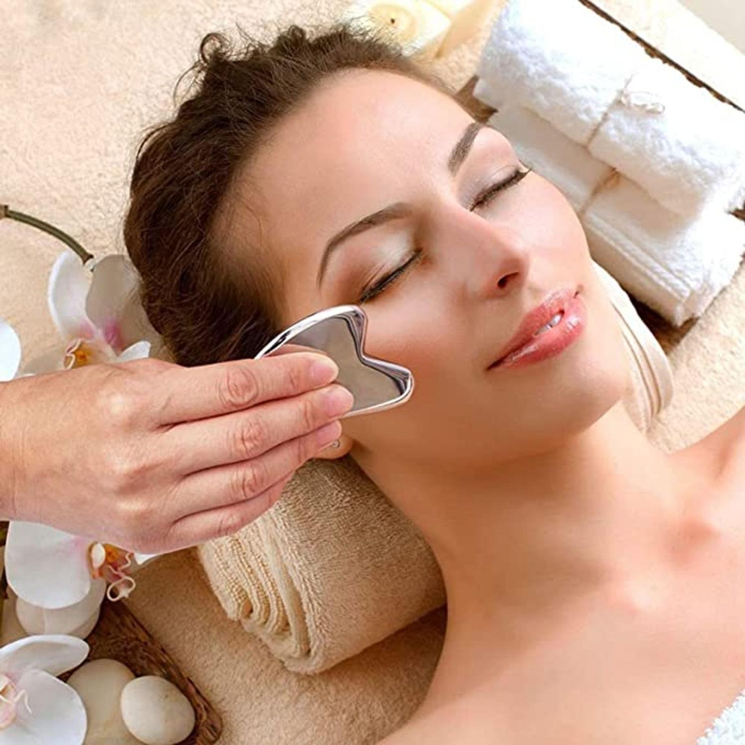 Imagem de Placa Gua Sha Massagem Facial Pedra Anti Ruga Em Aço Inox Skin Care