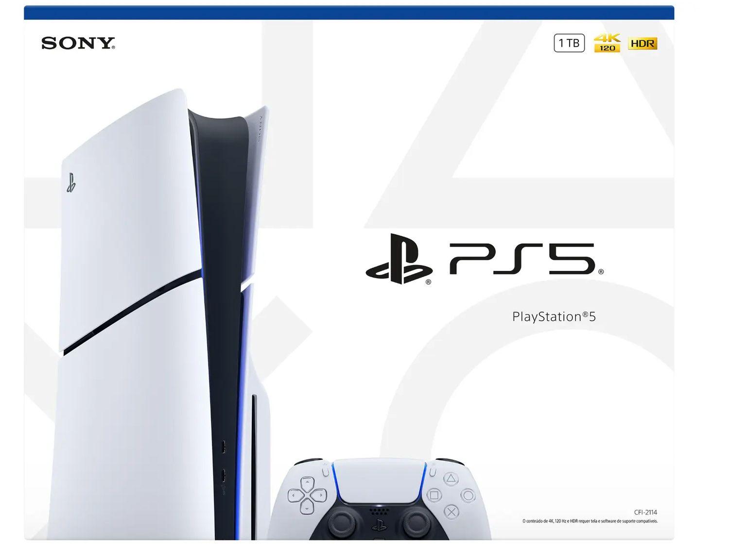 PlayStation 5 Slim ligado com jogos em tela