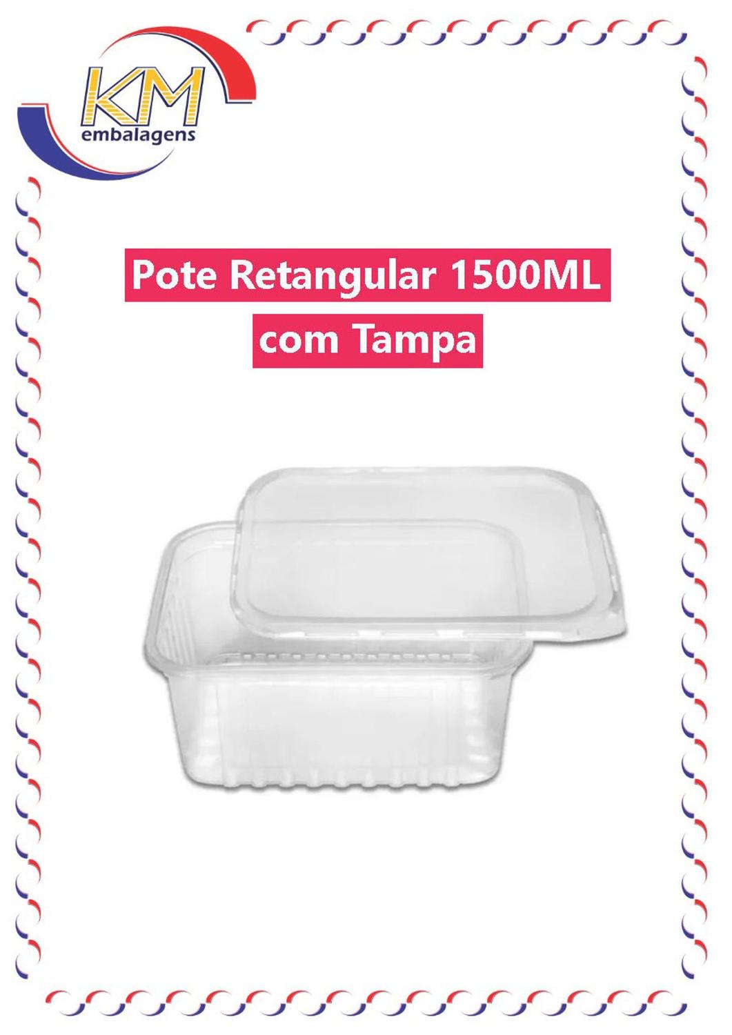 Imagem de Pote Retangular s/ lacre 1500 ml c/ tampa 120 unid - marmita, embalagem alimento, delivery (10429)