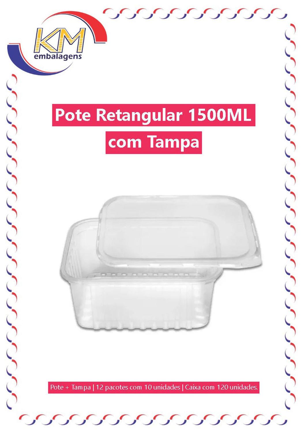 Imagem de Pote Retangular s/ lacre 1500 ml c/ tampa 120 unid - marmita, embalagem alimento, delivery (10429)
