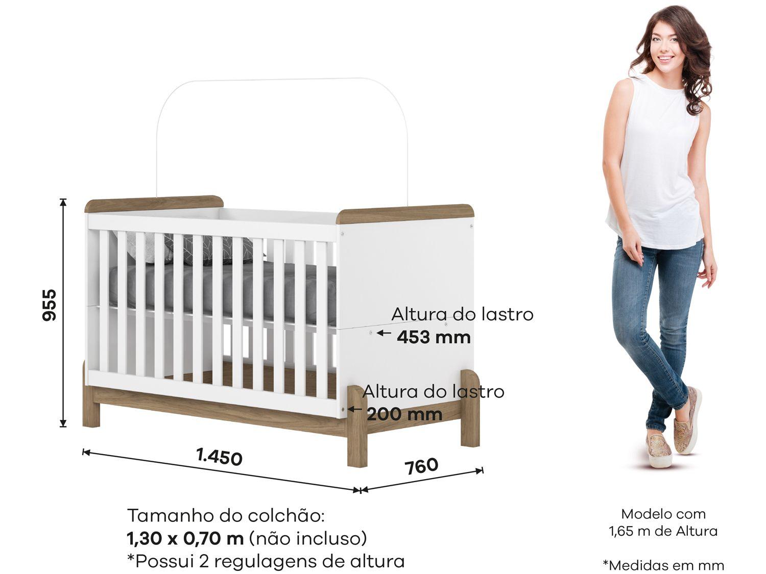 Quarto de Bebê Completo com Berço Cômoda e Guarda-roupa Henn Ternura Branco e Jequitibá