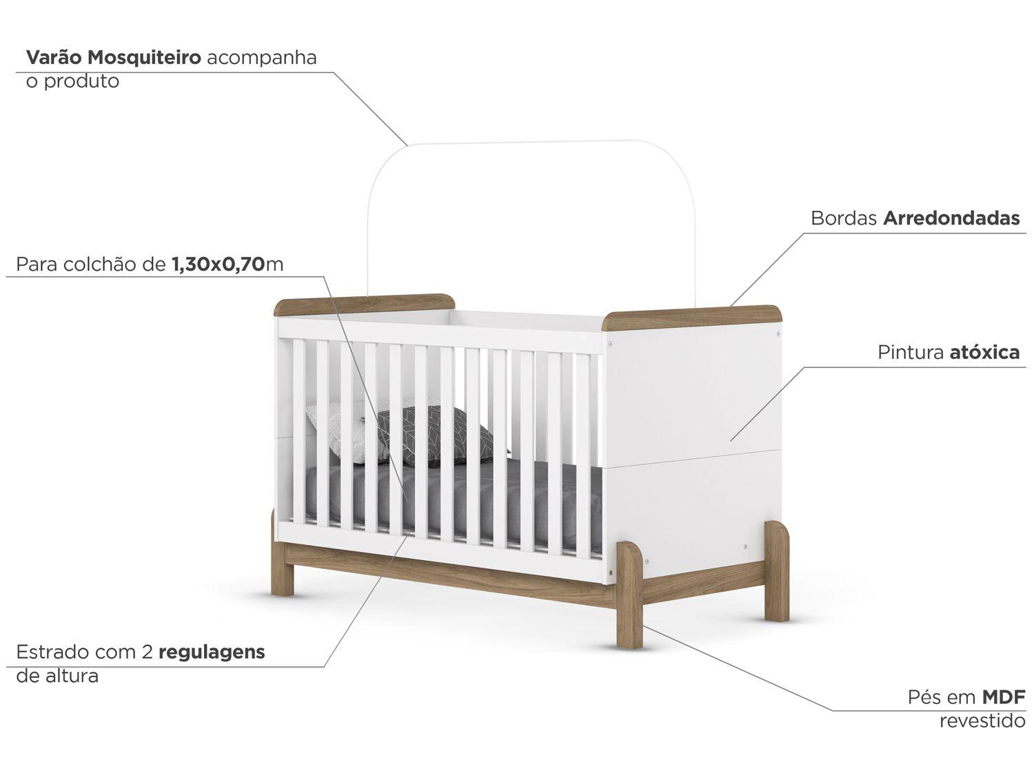 Quarto de Bebê Completo com Berço Cômoda e Guarda-roupa Henn Ternura Branco e Jequitibá
