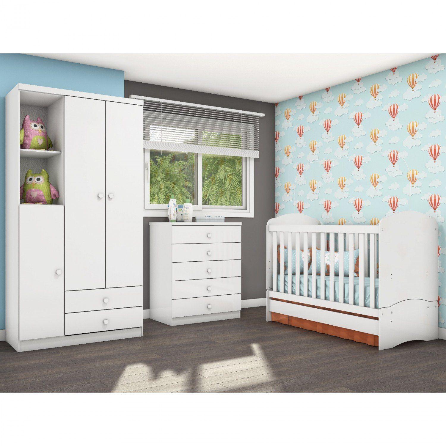 Imagem de Quarto Infantil com Guarda Roupa 3 Portas, Cômoda e Berço Faz de Conta Siena Móveis Flex Color Branco/Branco/Rosa