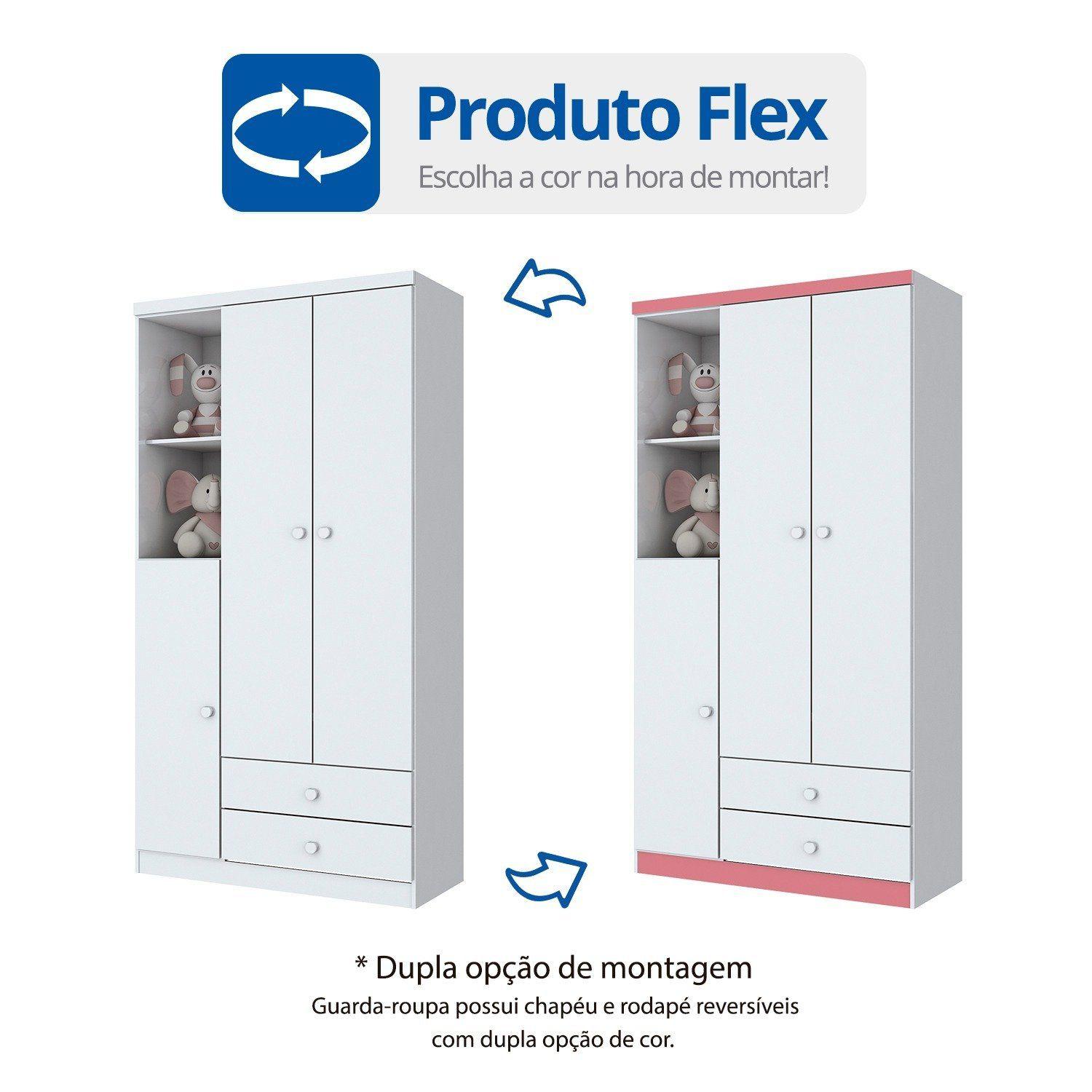 Imagem de Quarto Infantil com Guarda Roupa 3 Portas, Cômoda e Berço Faz de Conta Siena Móveis Flex Color Branco/Branco/Rosa
