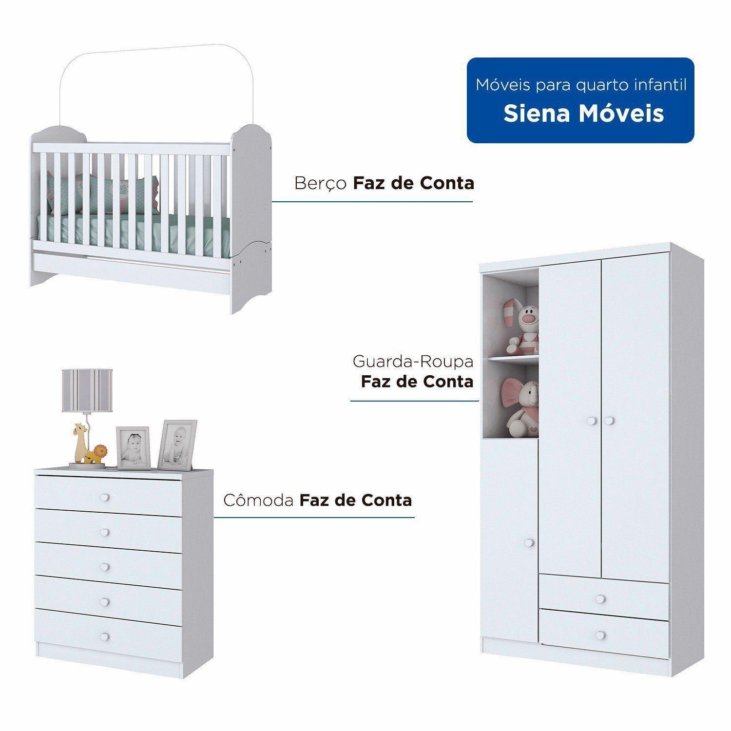 Imagem de Quarto Infantil com Guarda Roupa 3 Portas, Cômoda e Berço Faz de Conta Siena Móveis Flex Color Branco/Branco/Rosa