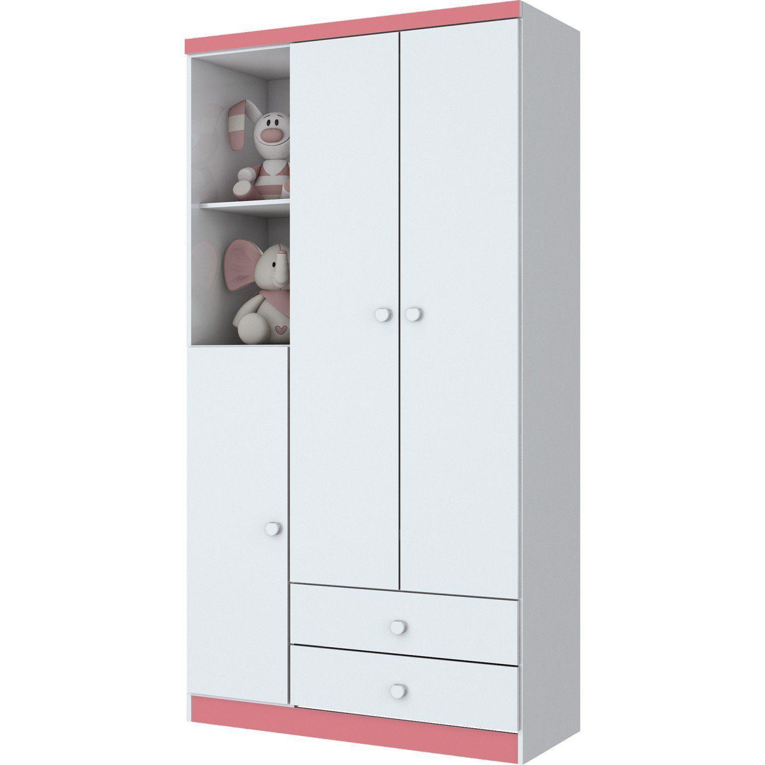 Imagem de Quarto Infantil com Guarda Roupa 3 Portas, Cômoda e Berço Faz de Conta Siena Móveis Flex Color Branco/Branco/Rosa