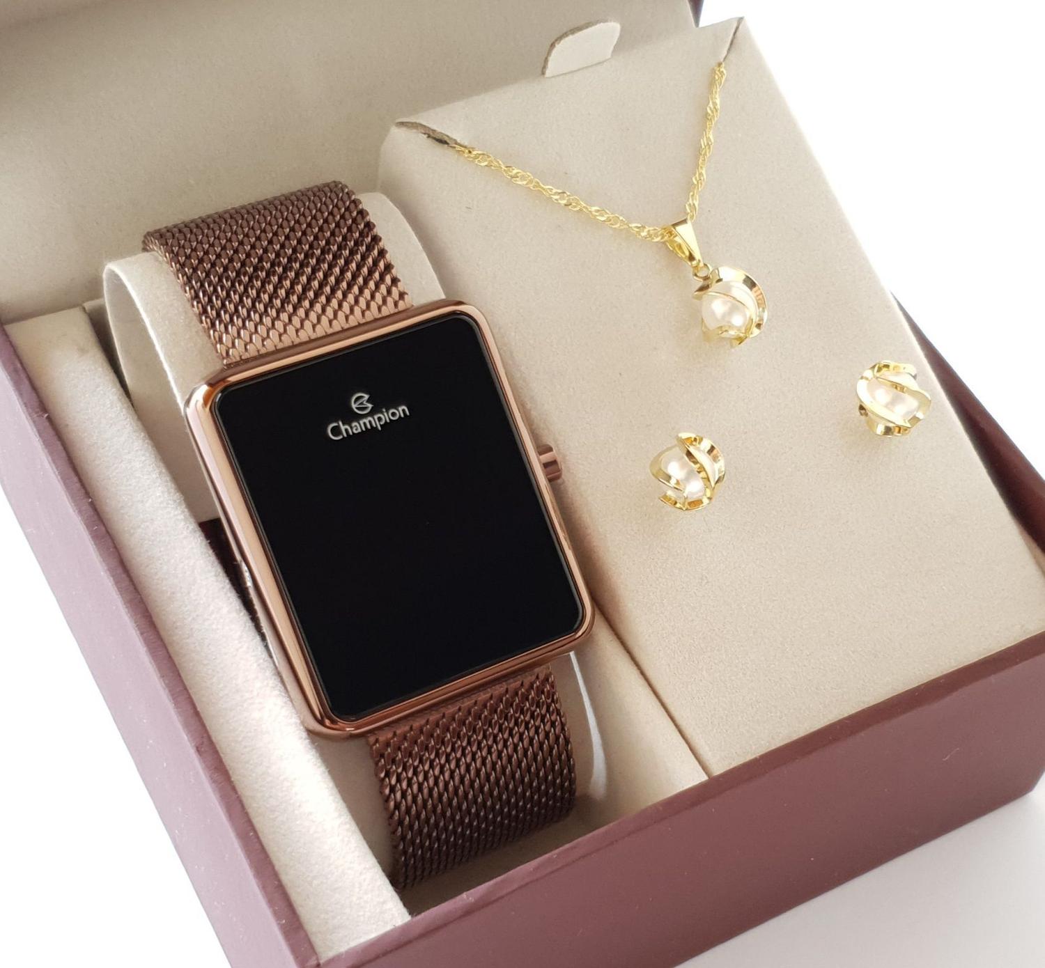 Relógio Champion Feminino Digital Chocolate + Colar E Brincos CH40080R -  Kit Relógio - Magazine Luiza