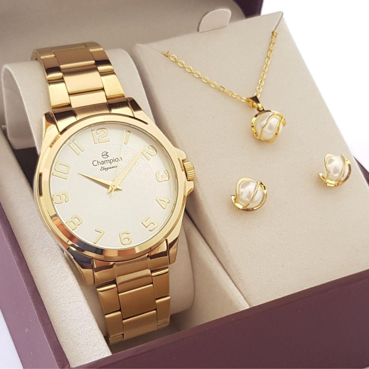 Relógio Champion Feminino Dourado Original CN26377W Com Colar e Brincos -  Kit Relógio - Magazine Luiza