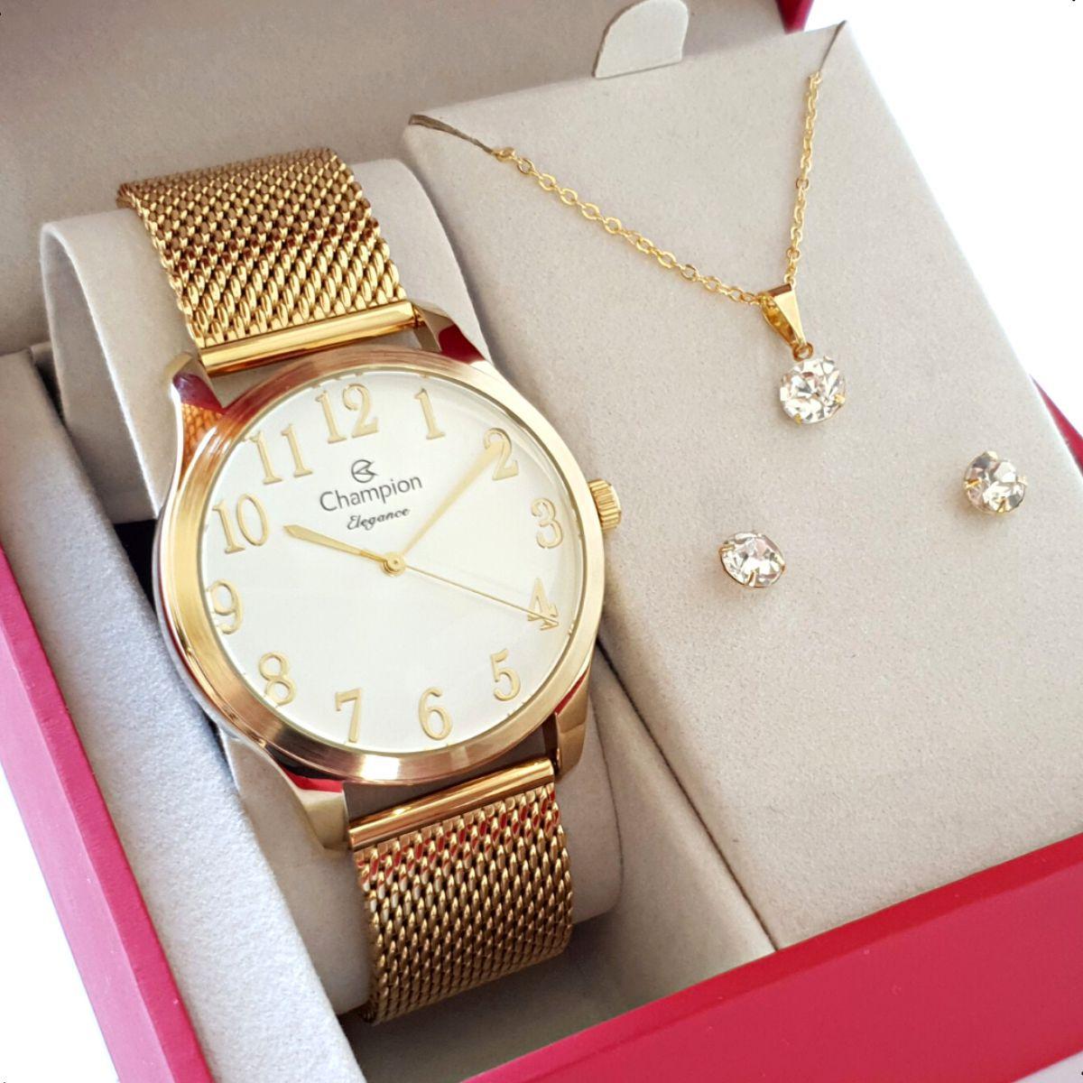 Relógio Champion Feminino Dourado Pulseira Esteira Com Colar e Brincos -  Kits / Conjuntos de Joias e Bijuterias - Magazine Luiza
