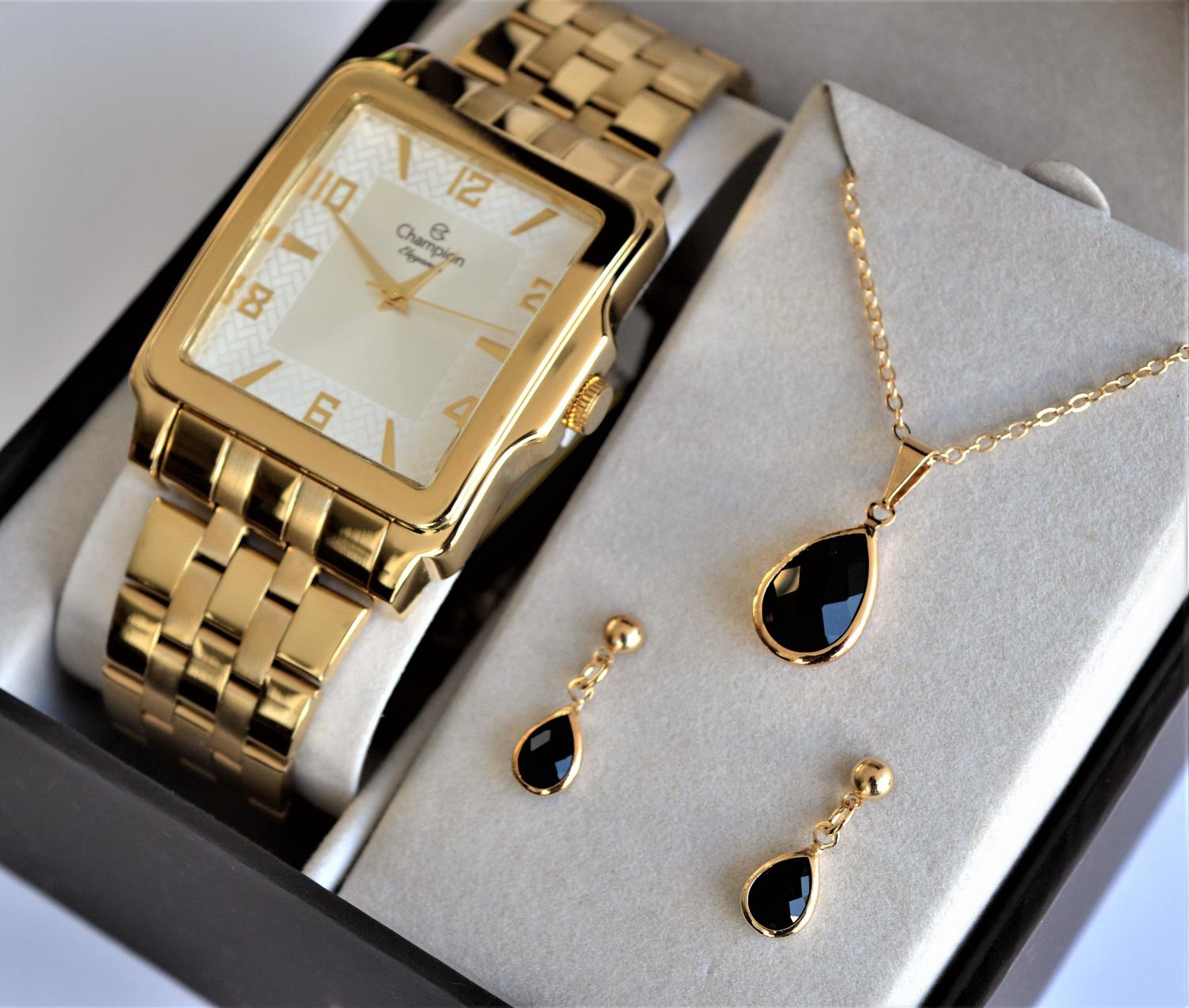 Relógio Digital Feminino Champion Dourado Quadrado + Kit Colar e Brincos |  Submarino