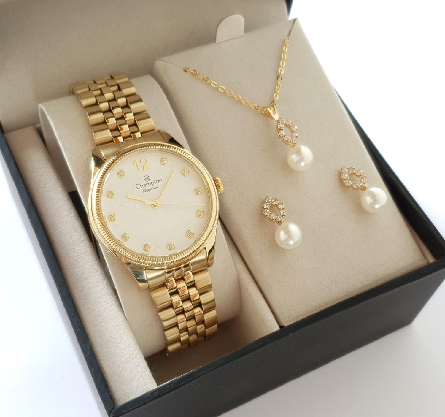 Relógio Feminino Champion Dourado Banhado + Kit Colar E Brincos CN24011W -  Kit Relógio - Magazine Luiza