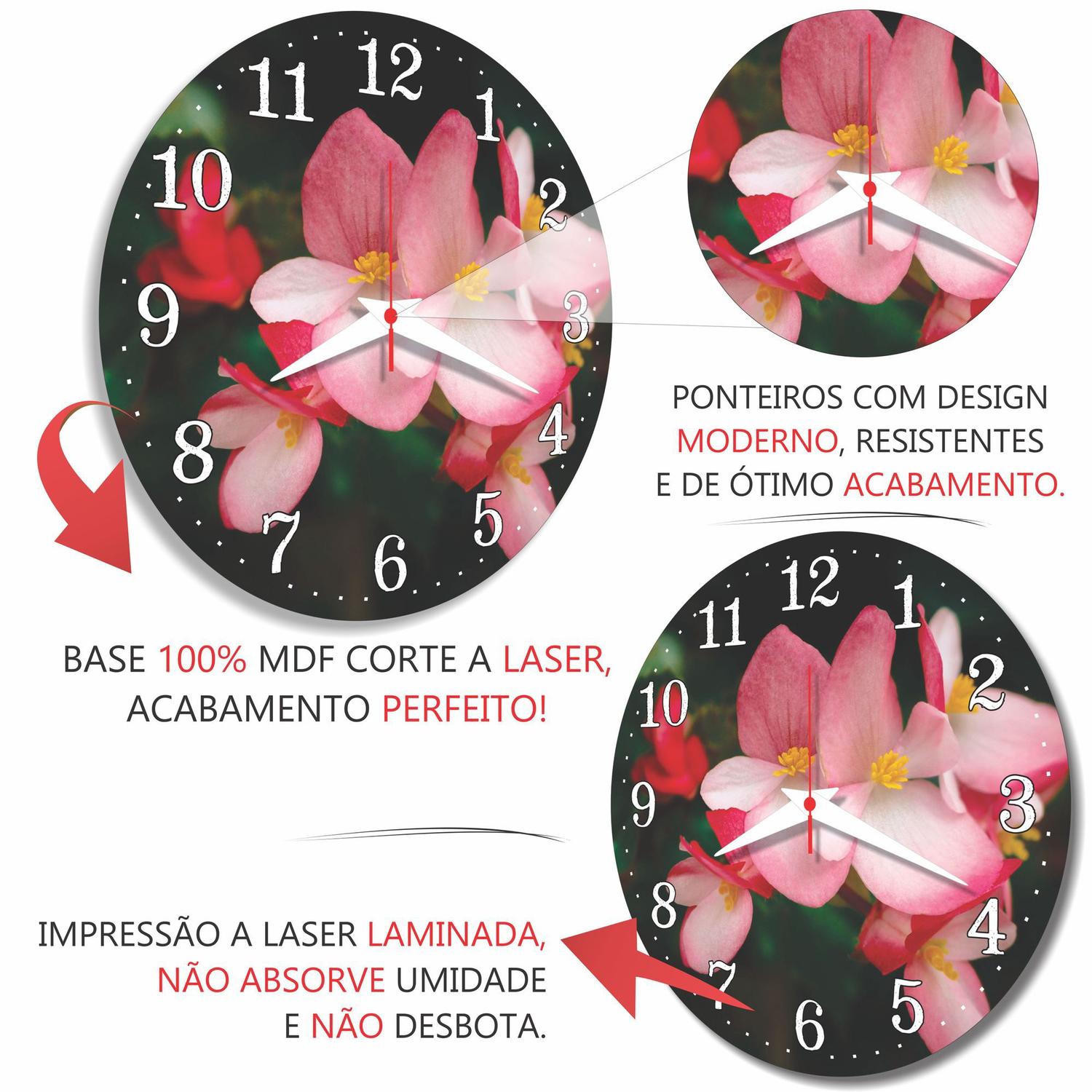 Relogio Parede Flor Begonia Rosa Presente Decorativo Cozinha 30cm - RelóGil  - Relógio / Despertador de Parede - Magazine Luiza
