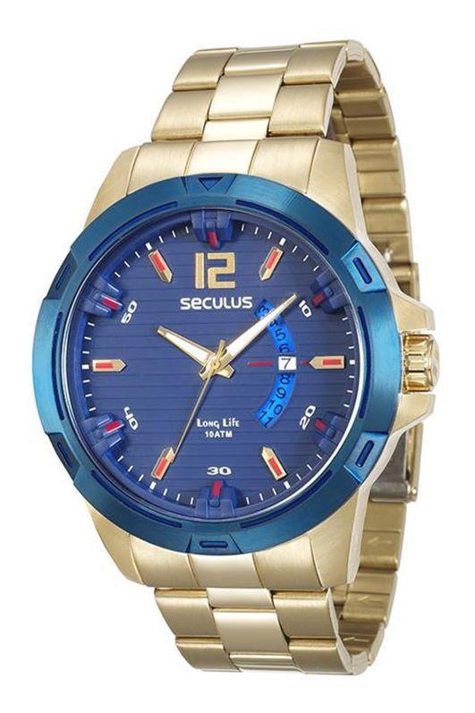 Relógio seculus masculino dourado fundo azul 28741gpsvla1 - Relógio  Masculino - Magazine Luiza
