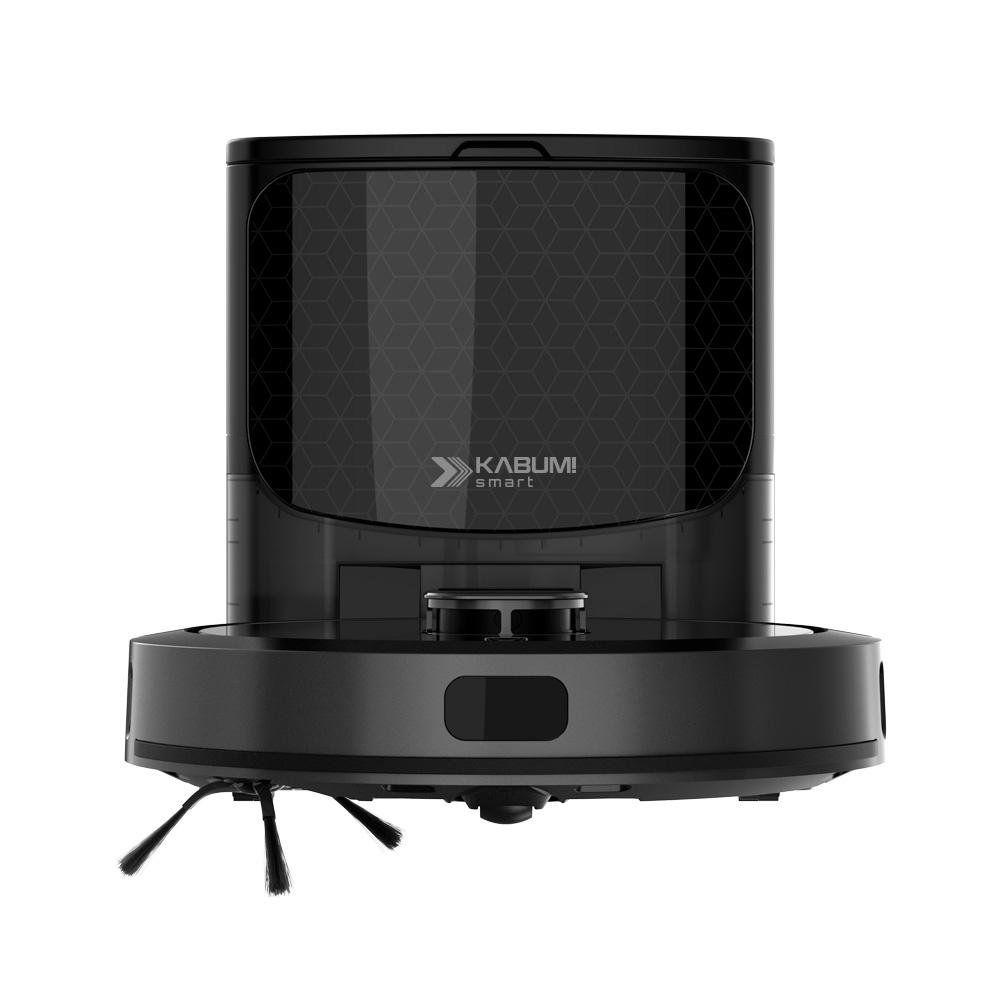 Vista frontal do robô aspirador Kabum Smart 900 acoplado à sua base de descarte automático de sujeira