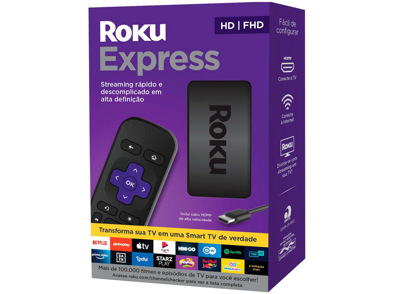 Roku Express Streaming Player Full HD com Controle Remoto e Cabo HDMI