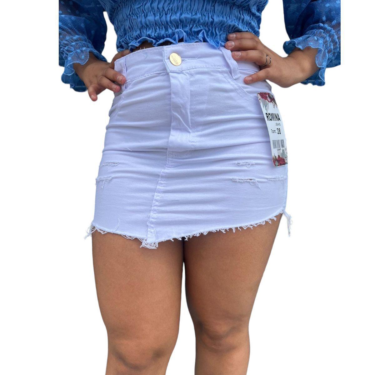 Cintura Alta Saia Jeans Branca Desfiada Jeans Cintura Alta Short