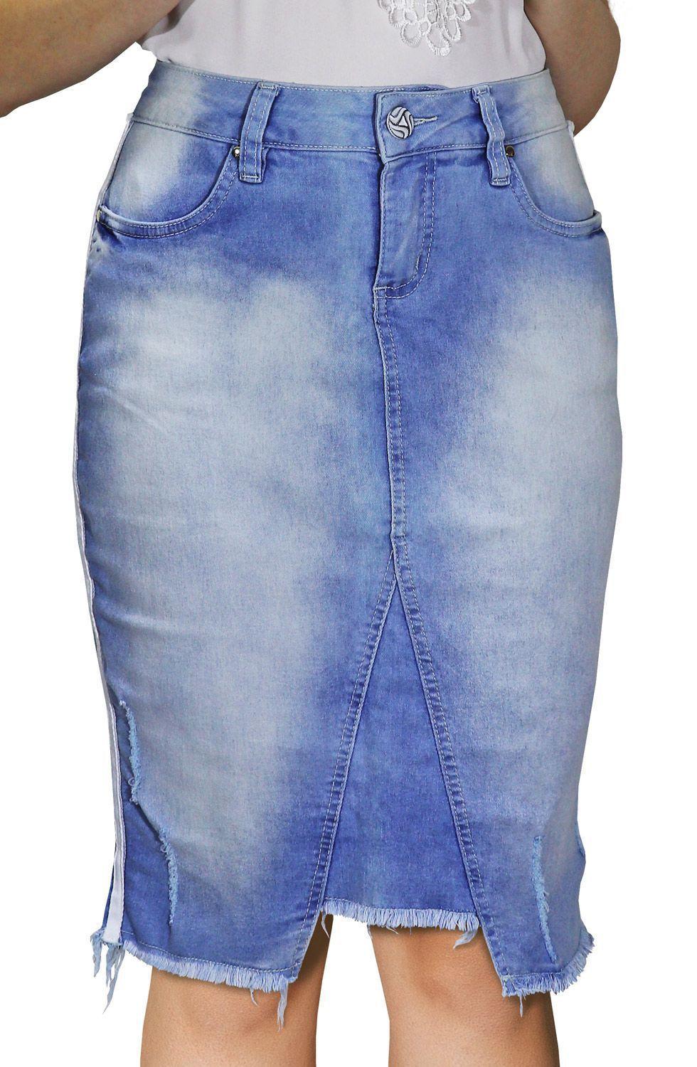 saia jeans midi com ziper na frente