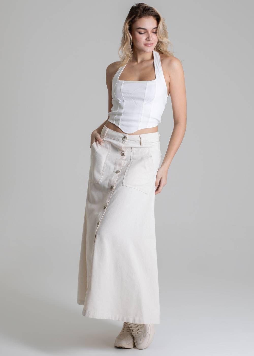 Saia Linho Sawary Midi - 277873 Bege - Saia Feminina