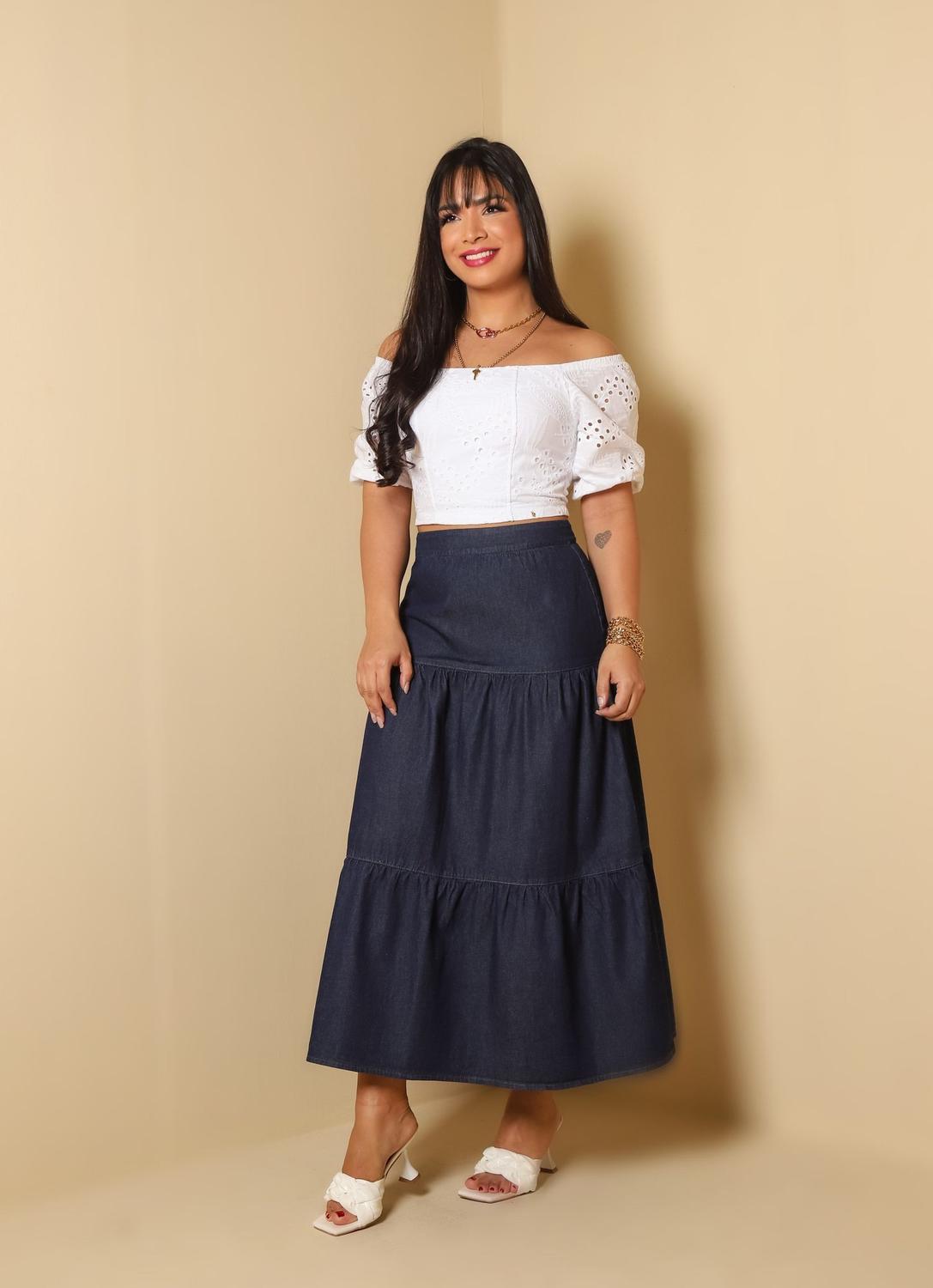 Saia Longa Jeans com Babado Moda Evangélica Wesley Confecções