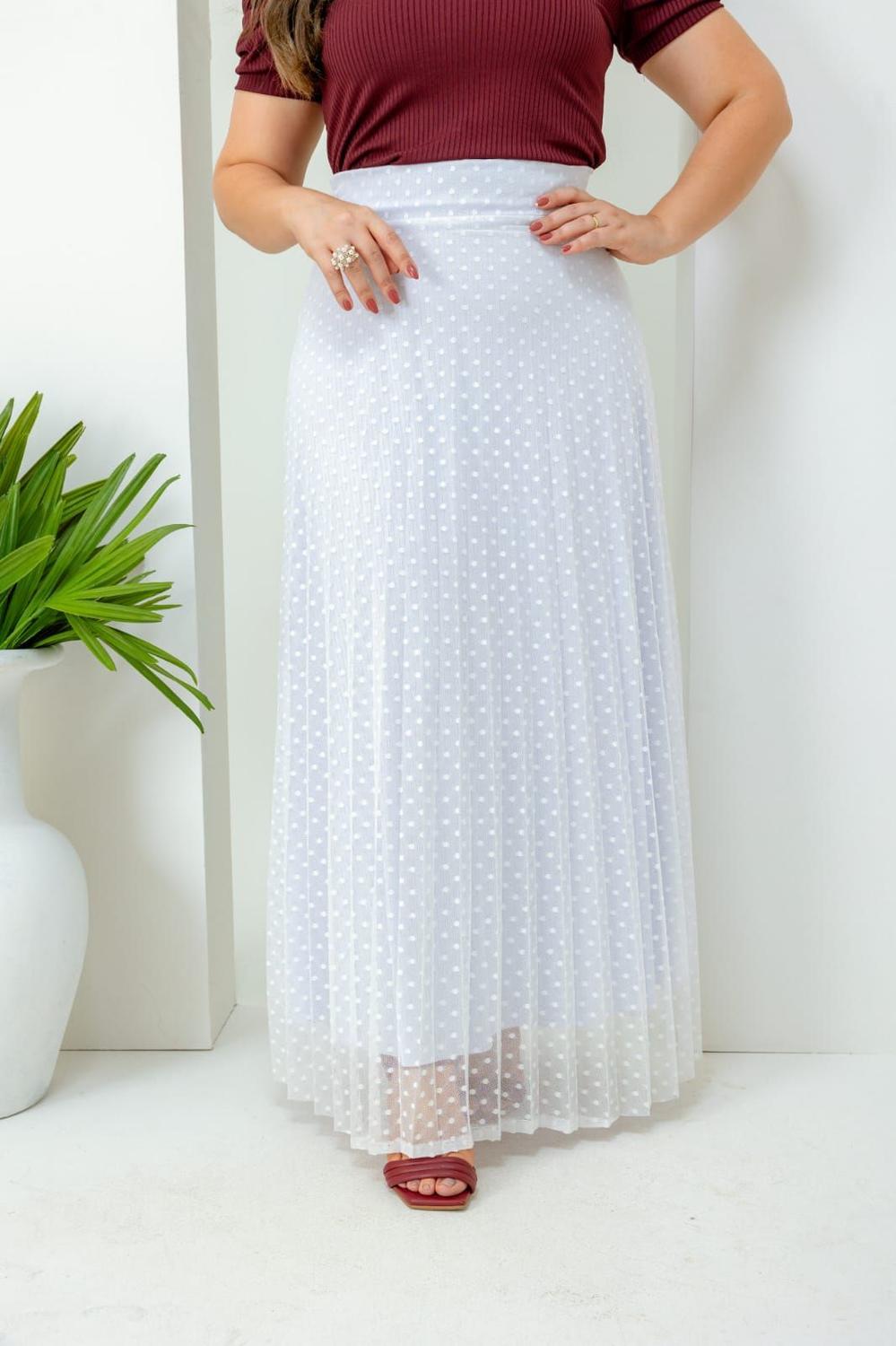 Skirt Saia Plissada Longa Branca Foridol Sólido Branco A Linha