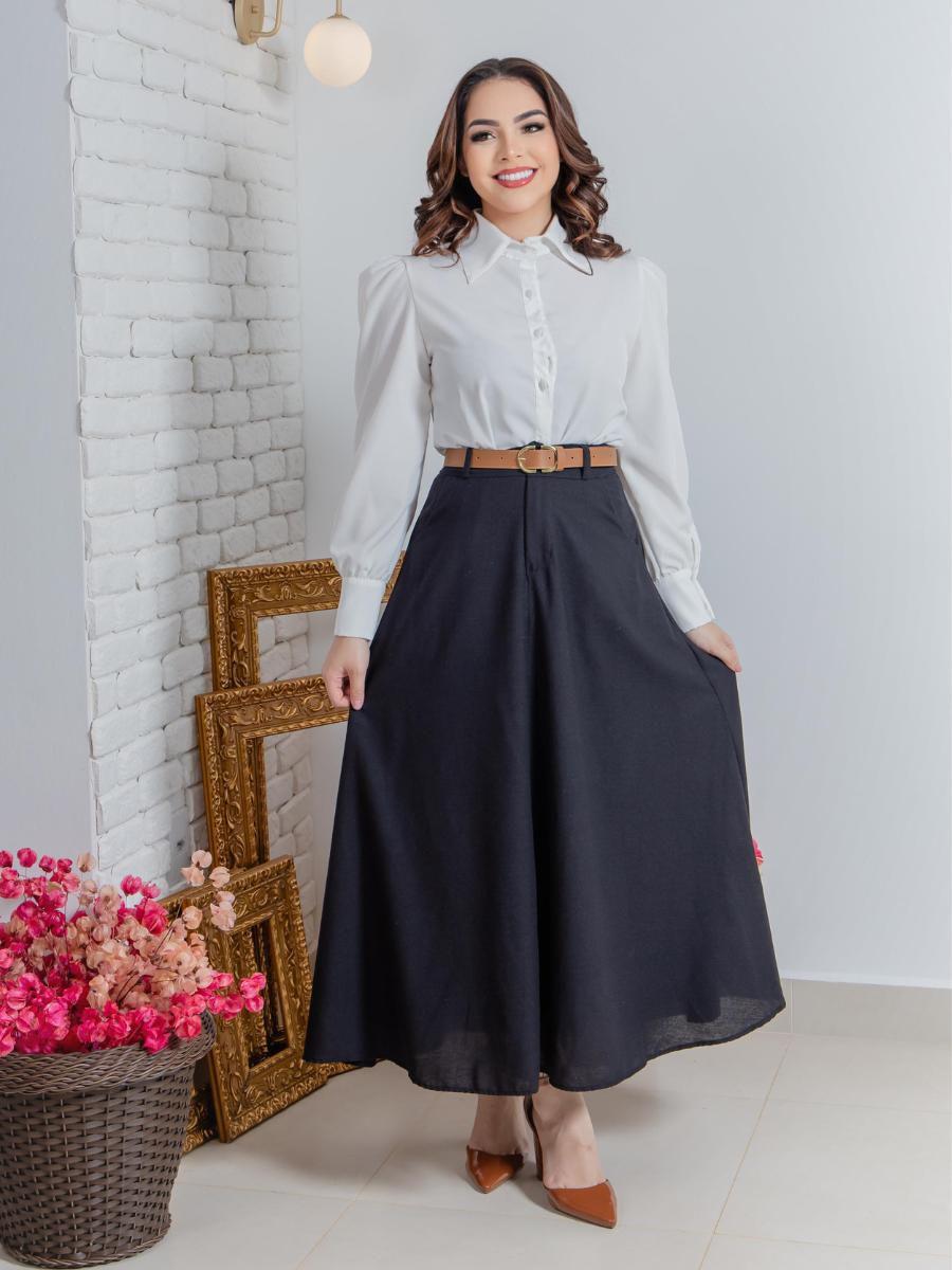 Skirt Saia Longa Rodada Saia Longa Rodada Com Cinto Linho Festa