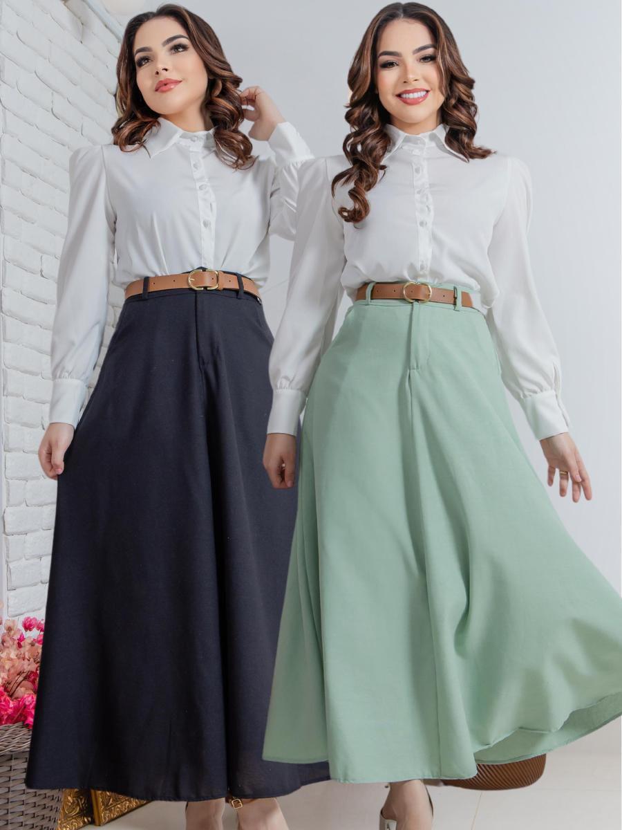 Moda Evangelica Saia Midi Rodada Com Botoes Saia Rodada Saia Longa De Linho  Com BotÃµes Saia Rodada Saia Gode