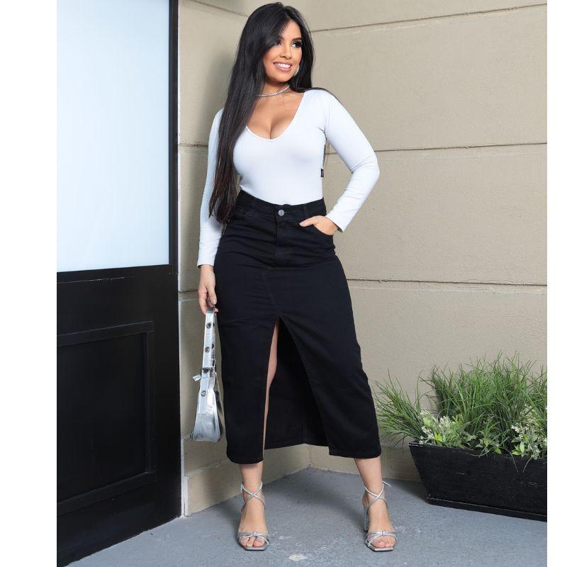 Cintura Alta Saia Preta Com Fenda Clearance Saia Preta Longa