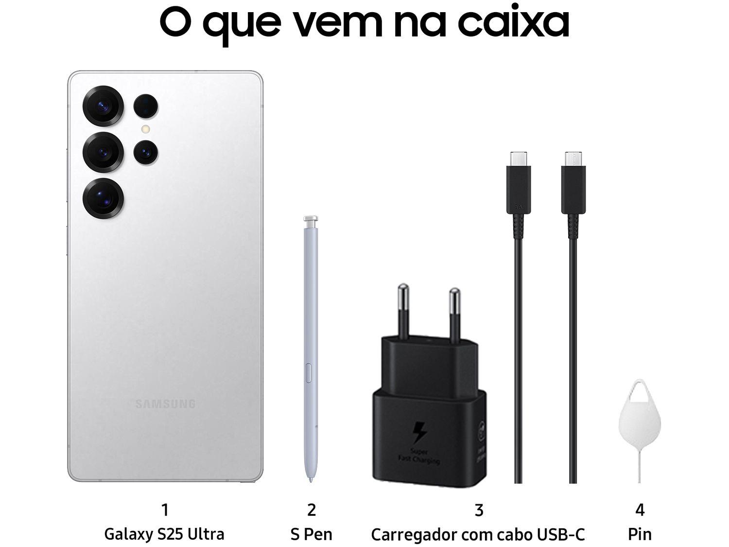 Samsung Galaxy S25 Ultra 5G 256GB Galaxy AI Titânio Prata 6,9" 12GB RAM Câm. Quádrupla 200+50+10+50MP Bateria 5000mAh Dual Chip
