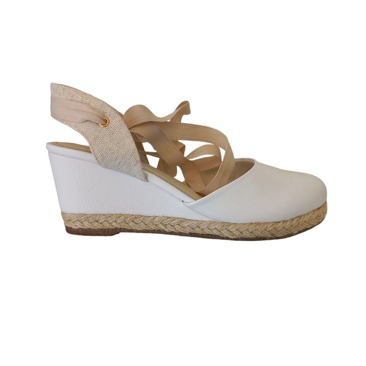 Sandália Anabela em Couro Branca Salto Médio Corda Conforto 365
