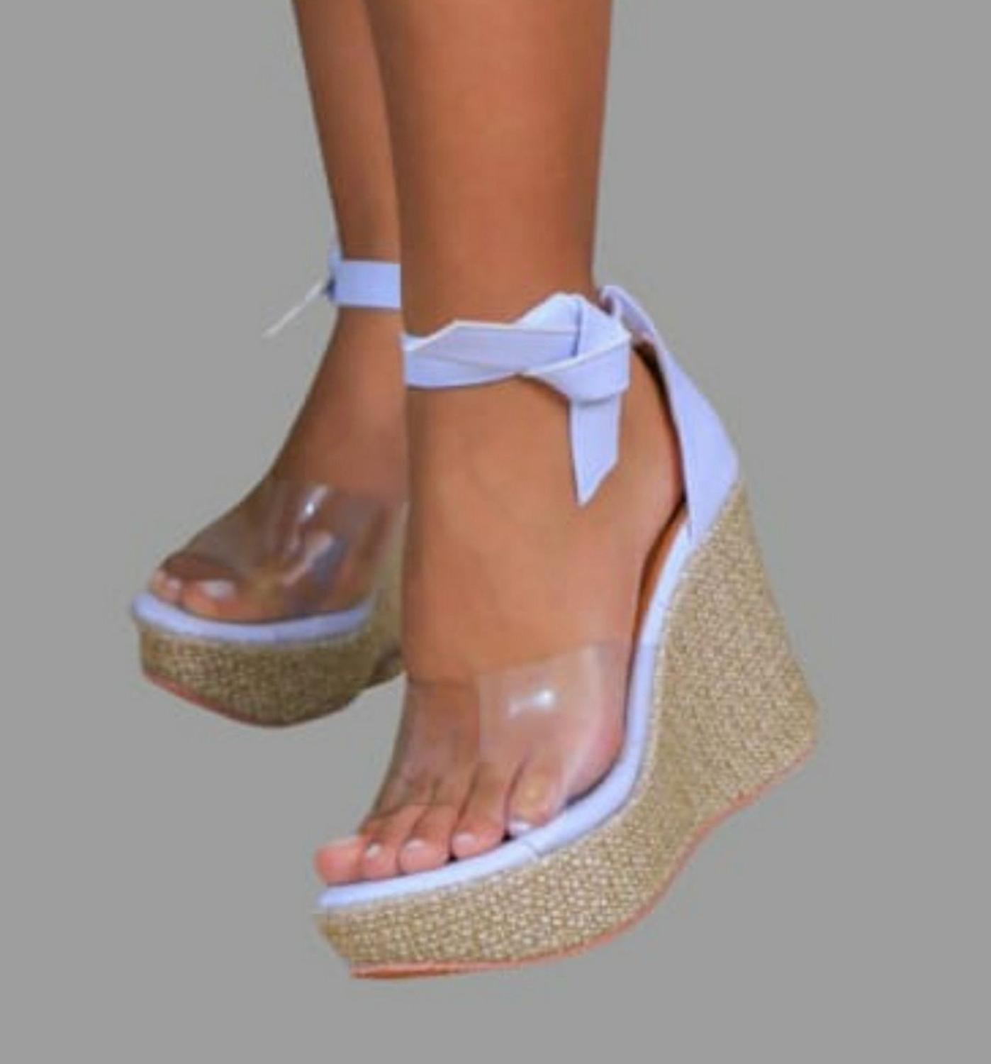 Sandália Anabela Salto Alto Nude Transparente Amarrar Na perna - GiselaCosta