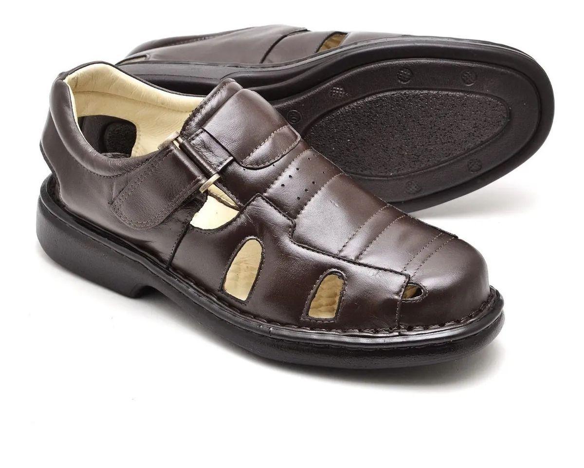 Sandália Masculina Fechada Ortopédica Em Couro Confort Tamanho Especial  Café 3601 - Ranster - Sandália Masculina - Magazine Luiza
