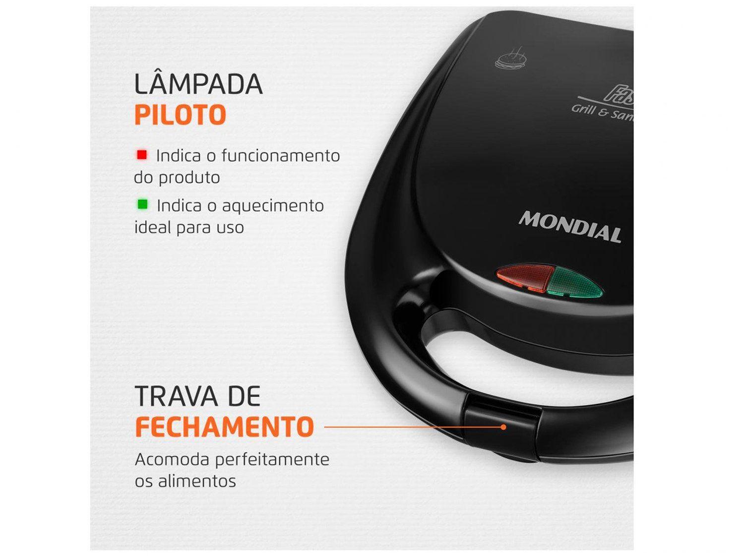 Detalhe em close da parte superior da sanduicheira destacando as lampadas piloto e a trava de fechamento