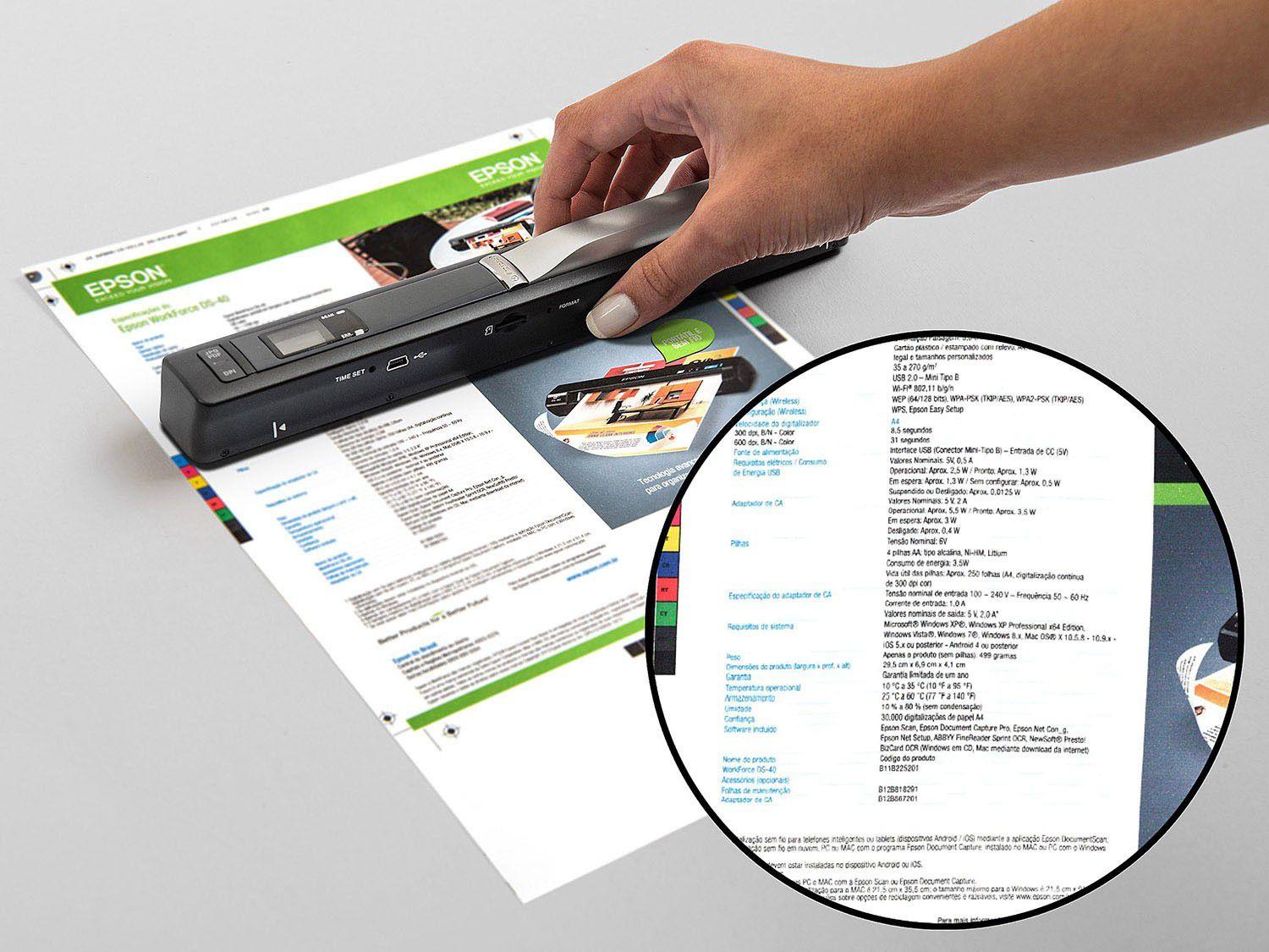 Scanner Portátil Epson DS40 Colorido WiFi 600dpi Scanner Portátil