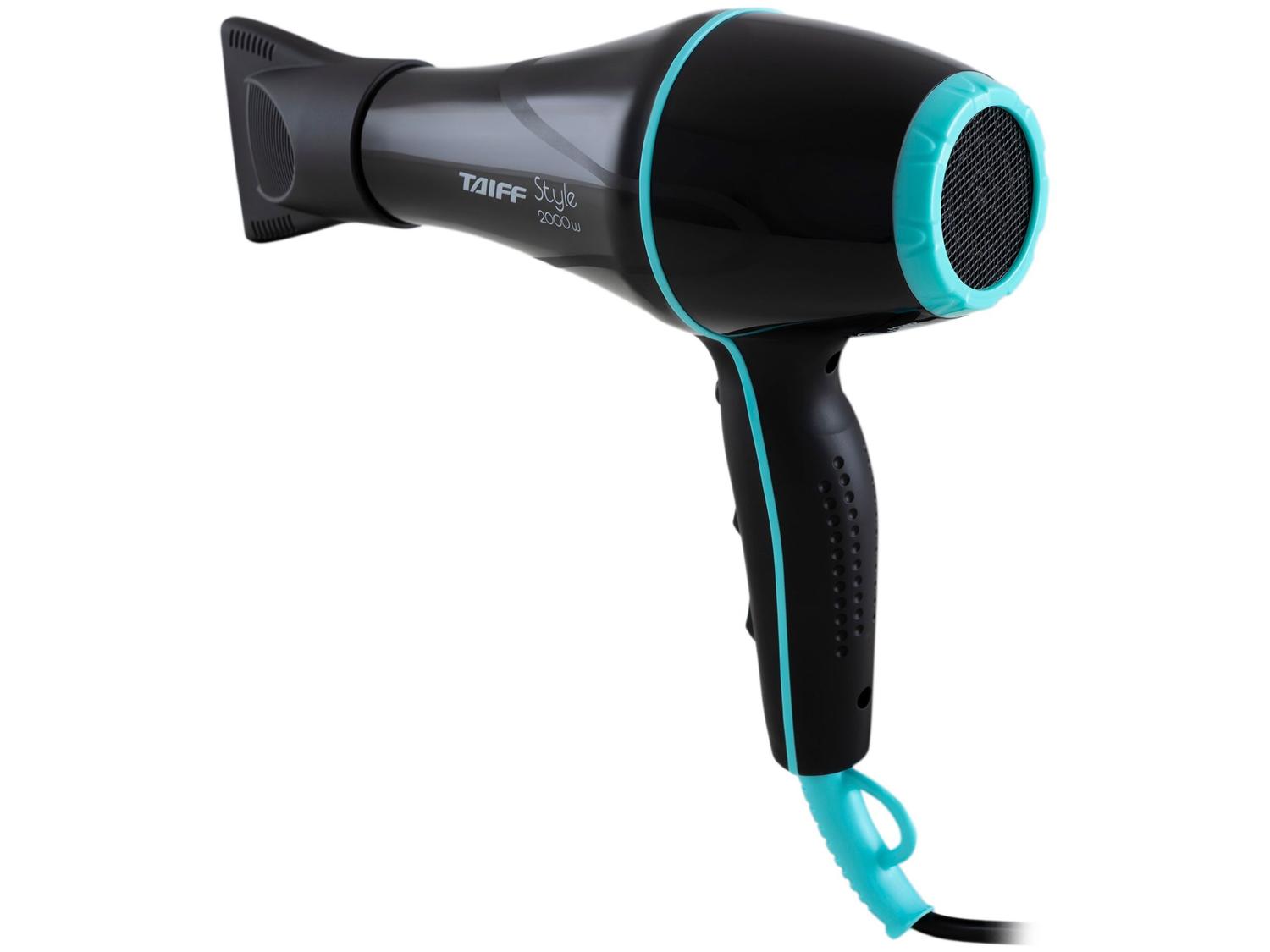 Secador de cabelo Taiff Style 2000w preto com detalhes em azul, mostrando a parte frontal