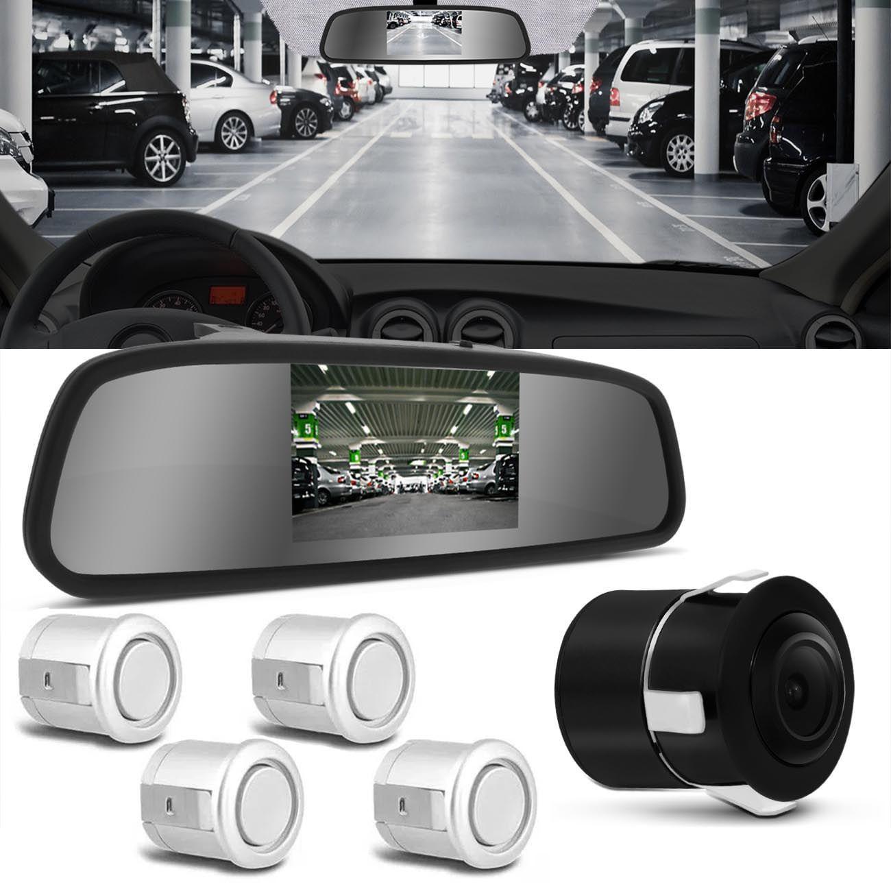 Sensor de Estacionamento 4 Pontos Prata Com Câmera de Ré e Retrovisor ...