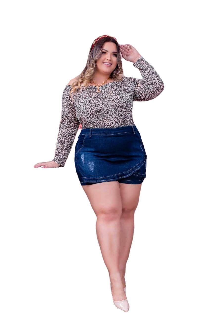 saia jeans com babado plus size