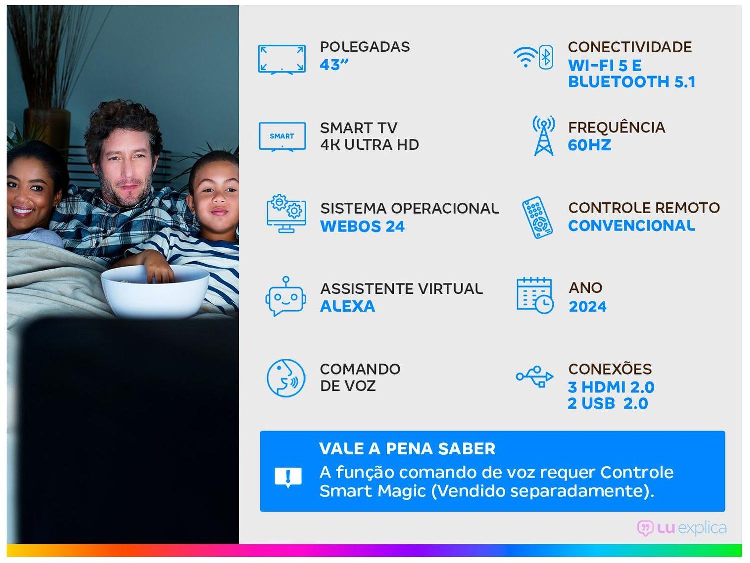 Smart TV 43" 4K LG Ultra HD 43UT8000 com Processador a5 Ger7 AI, Alexa/Chromecast integrado, Otimizador de Jogos, webOS 24