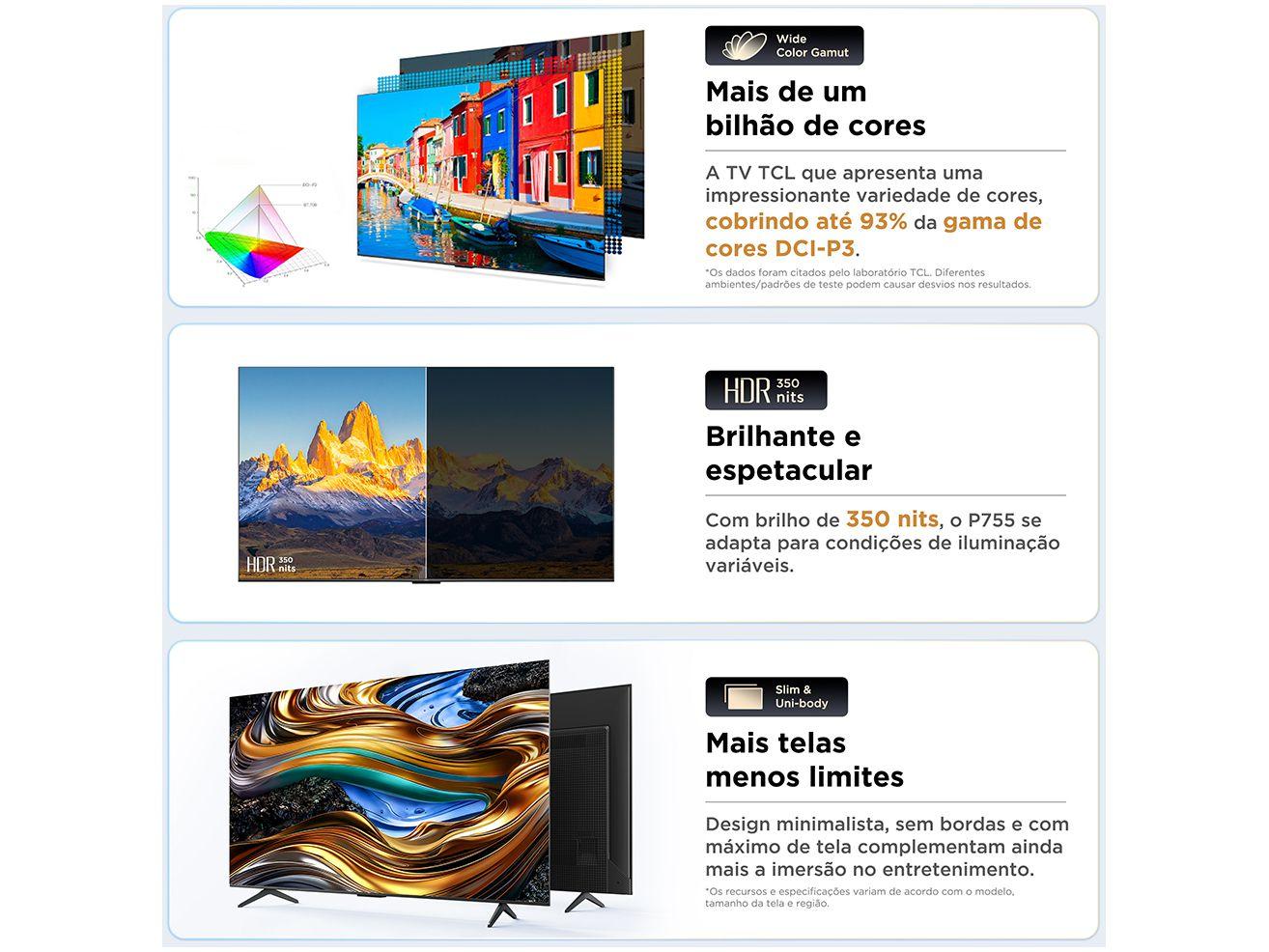 Smart TV 43" 4K UHD LED TCL 43P755 Wi-Fi Bluetooth 3 HDMI 1 USB