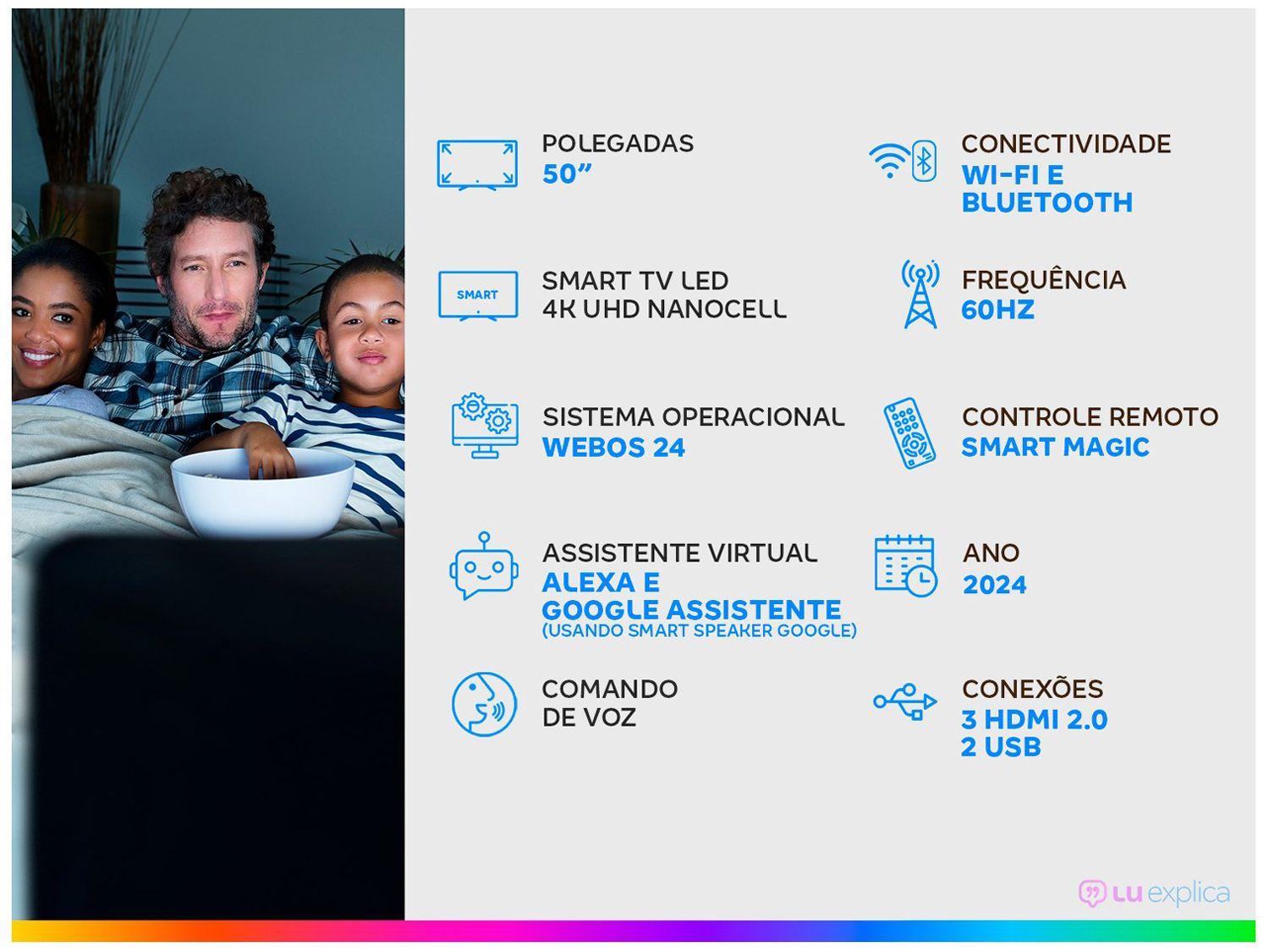 Smart TV 50" 4K LCD LED NanoCell LG 50NANO80TSA WebOS 24 Processador a5 Ger7 Wi-Fi e Bluetooth com Alexa 3 HDMI 2 USB