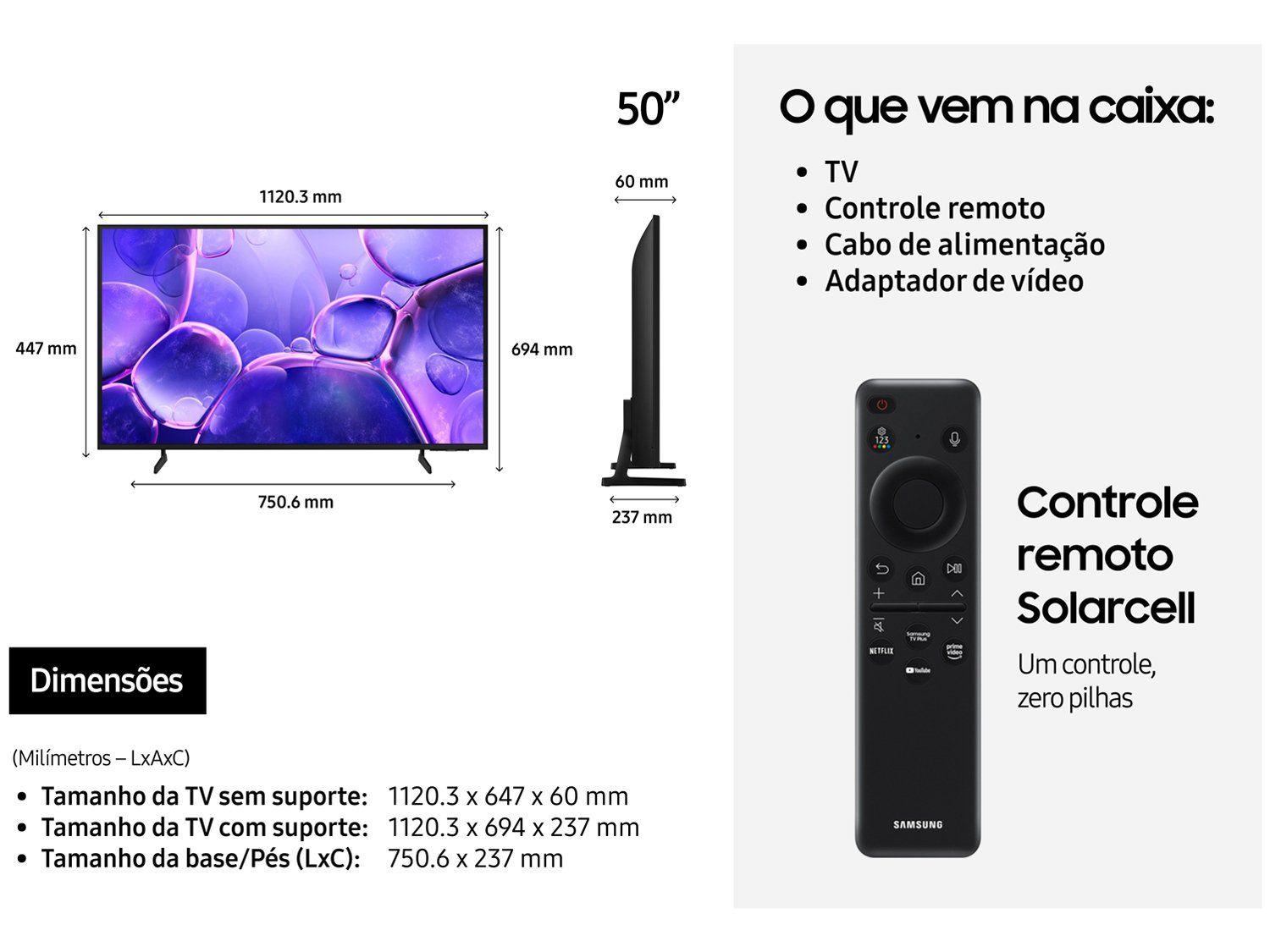 Esquema de dimensões da Smart TV Samsung de 50 polegadas e detalhes dos itens inclusos na caixa, como o controle Solarcell.