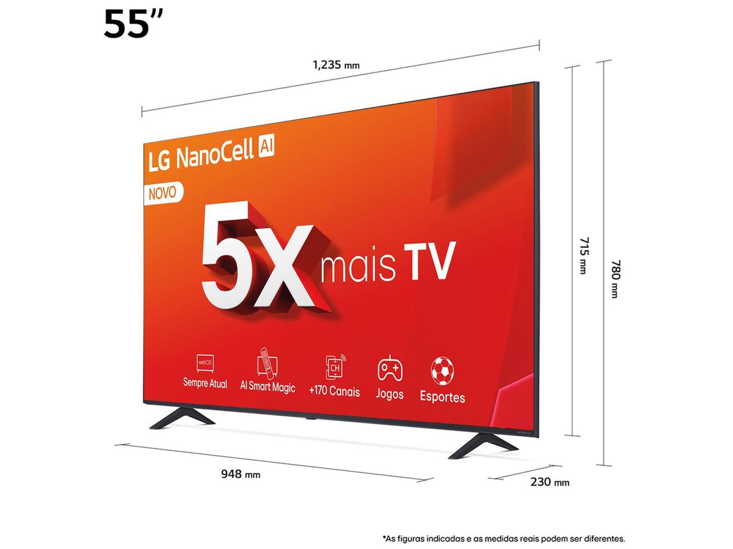 Smart TV 55" 4K LCD LED NanoCel LG 55NANO80TSA AI Processor Wi-Fi e Bluetooth 3 HDMI 2 USB